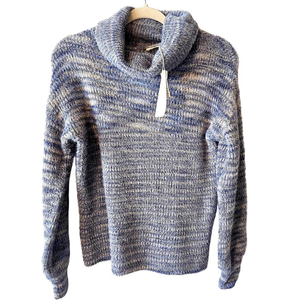 NEW MYSTREE fuzzy turtleneck sweater Blue/ cream women's size Small Boho soft